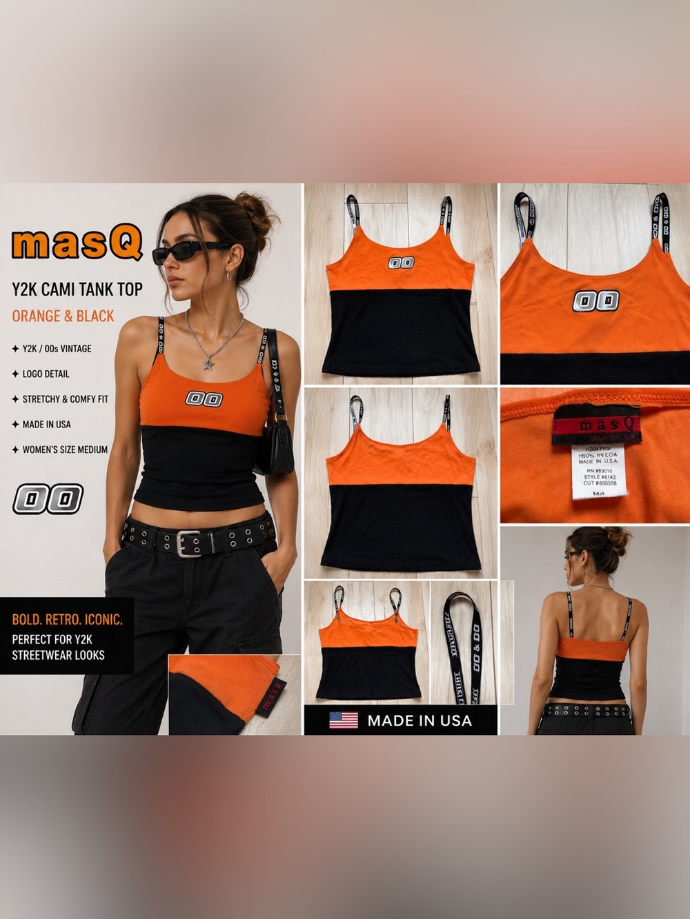 Orange & Black Cami Tank Top Womens Medium Cyber Streetwear 90s 00s